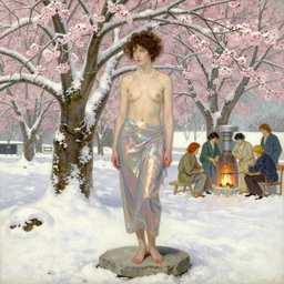a detailed illustration of a woman, snow - covered cherry trees, iridescent skirts, hearthstone, artstation, painting by artgerm, by wlop, by greg rutkowski, gaston bussiere, craig mullins, mucha, bouguereau, ruan jia.