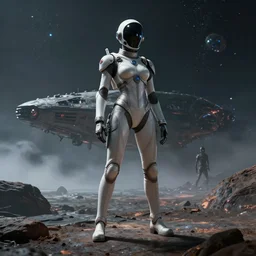 wide angle view of ripley standing on an alien planet in her very feminine spacesuit designed by H.R. Giger, no helmet, there is a crashed voluptuous spaceship in the distance, dark sky, fog, digital art, trending on artstation, 4k, very detailed