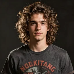 “beautiful young man with messy long curly hair down to his mid back, punk rock tee shirt, as painted by winslow homer”