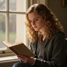 portrait of Emma Watson as Hermione Granger sitting next to a window reading a book, focused expression, golden hour, concept art, art by Kenne Gregoire, trending on artstation