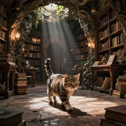 fantasy VFX movie of a cat walking through a wizards magic underground library study lair, natural lighting by Emmanuel Lubezki