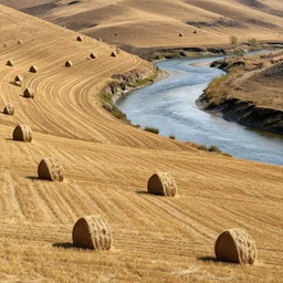 field of hay, slopes down away from viewpoint, a river of water in valley