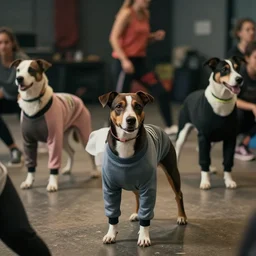 dogs wearing gym clothes and sneakers doing zumba classes, professional photography, 8 0 mm, cinematic, realistic photography, accurate dogs, accurate people, detailed faces