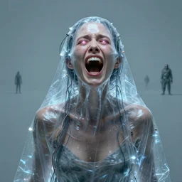 portrait of a screaming woman, covered in transparent cloth, plastic, glowing eyes, flat background, masterpiece, glowing, wires everywhere, by edgar maxence and ross tran, zdzisław beksinski, and michael whelan, distant, gustav dore, h. r. giger, 8 k, octane render