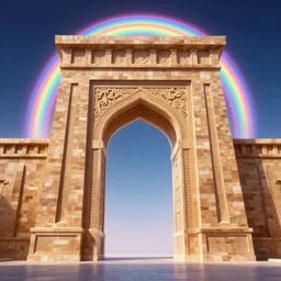 A portal to a luminous rainbow world, the portal is shaped like the Ishtar Gate, Ishtar Gate, mesopotamic, fantasy, portal, art by Marc Simonetti and James Gurney, James Gurney and Marc Simonetti, 8K, UHD 8K CryEngine