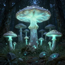 a forest of giant luminous mushrooms, lush grey grass and glowing stones on the forest floor, dark ambient environment lighting, in style of thomas kinkaid, concept art, digital art, 8 k, hdr, fantasy, dark fantasy, trending on artstation, intricate