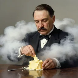 mussolini makes butter, in clouds, portrait by greg hildebrandt, studio lighting, muted colors, by terry richardson, by leonardo davinci, extreme detail, reflections, trending on artstation, 8 k