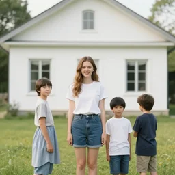 one girl and three boys, they are siblings, the wall of a white house is in the beackground