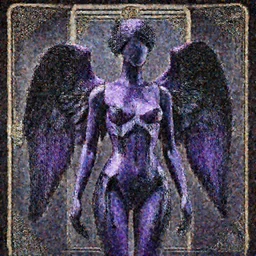 a beautiful purple and black 3 d geometrically printed mannequin with angel wings!! in the style of james jean, chrome roses!!!! dripping black iridescent liquid, confident, moody, dramatic, introspective, 4 k, trending on artstation, photorealistic, volumetric lighting, octane render, tarot card with ornate border frame h - 1 0 2 4