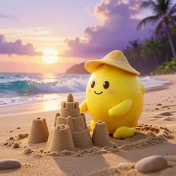 3 d octane render, of a hot anthropomorphic lemon female character inspired by dalle 2 generations, with lemon skin texture, she is wearing a hat, building a sandcastle on the beach at sunset, beach, huge waves, sun, clouds, long violet and green trees, rim light, cinematic photography, professional, sand, sandcastle, volumetric lightening