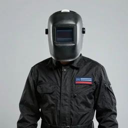 a man wearing a welding mask and black flight suit, 8k, 35mm, enhanced