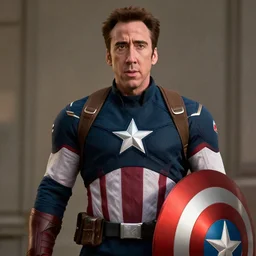 A still of Nicolas Cage as capitain america,cinematic shot, cinestill 800 t