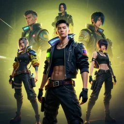 several cyberpunk character designs , Kim Jung Gi, Feng Zhu, trending on Artstation, 8K, ultra wide angle, pincushion lens effect.