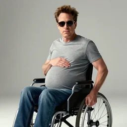 movie poster for weekend at bernie's 3, bernie gets pregnamt pregnant robert downey jr in a wheelchair with dark sunglasses, cinematic lighting,