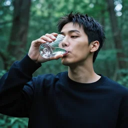 j - hope rap monster, photo close, instagram, drinking a glass of water, middle of the woods