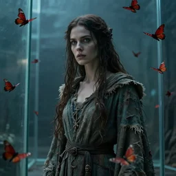 close - up of a sorceress woman in tattered robes, standing in a room of glass walls. surrounded by flying red moths. dramatic. cinematic. concept art. 4 k, ultra - high - definition