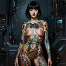 super model cyborg girl with Japanese yakuza full body tattoo in moody future world, painted by Norman Rockwell and Bosch
