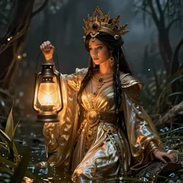 queen of the swamp with her lantern by Annie Swynnerton and Nicholas Roerich and jean delville, strong dramatic cinematic lighting , ornate headdress , flowing robes, lost civilizations, smooth, sharp focus, extremely detailed