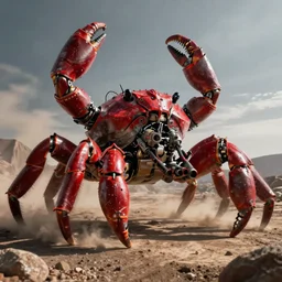 a giant red cyborg crab with machine guns mounted on top, photorealistic, post apocalyptic, realism, photography