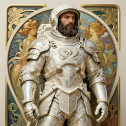 a full body art nouveau portrait of a fully armored samurai astronaut bearded man, intricate, elegant, highly detailed, digital painting, artstation, concept art, smooth, sharp focus, illustration, art by John William Waterhouse and William Adolphe Bouguereau and Donato Giancola and Alphonse Mucha