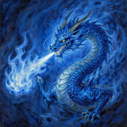 a dragon spitting blue fire in an impressionist painting