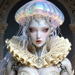 closeup portrait of an absurdly beautiful, graceful, sophisticated, fashionable cyberpunk mechanoid gravure idol, an ultrafine hyperdetailed illustration by irakli nadar, matt wisniewski style, intricate linework, porcelain skin, iridescent jellyfish headdress, fractal ivory carved ruffled collar, unreal engine 5 highly rendered, global illumination, radiant light, detailed and intricate environment