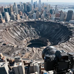 a large nuclear crater in manhattan, realistic, taken on a ww 4 camera.