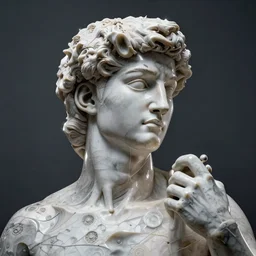 David versus Goliath, cyborg marble statue, fractal composition, melting