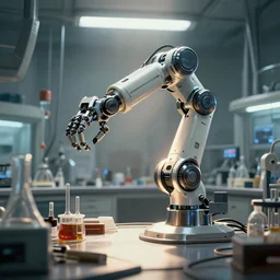epic masterpiece of cinematographic hyperrealism where a robotic arm appears in a laboratory. realistic shaded lighting poster by craig mallismo, artgerm, jeremy lipkin and michael garmash, unreal engine, radiant light, detailed and intricate environment, digital art, art station trends
