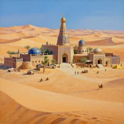 arabian stempunk village, sand, dunesharp focus, wide shot, trending on artstation, masterpiece, by greg rutkowski, by ross tran, by fenghua zhong, octane, soft render, oil on canvas, colorful, cinematic, environmental concept art