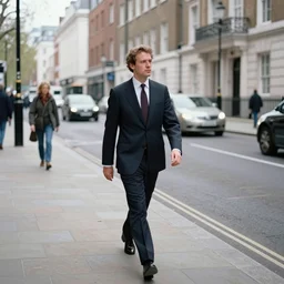 a photo of a man in a suit walking on a london city street, kodak tri - x