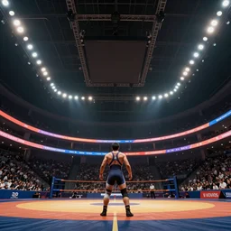 wrestling arena first person view looking up from below looking up, digital art, cinematic lighting