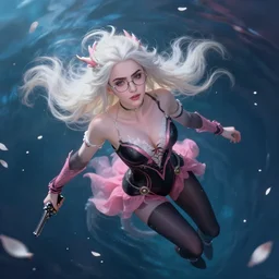 a beautiful + blonde + dragon + queen + white hair + cool glasses + pistol + tights + lily collins + black pink, floating under the deep dream water, beautiful smooth soft light, white petal, oil paint, cinematic lighting, octane render, unreal engine 5, closeup, 4 k, highly detailed, instagram,