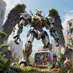 A giant robot in city ruins overtaken by vegetation!!, Infernal Nymph, The Graveyard, cinematic, hyper realism, high detail, octane render, unreal engine, 8k, vibrant color, Mechanical Angel, futuristic toaster with complex circuitry!, Potions for the modern adventurer!!!, by andrea chiampo and chet zar