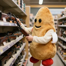 photorealistic image of a person in potato outfit buying weapons at store