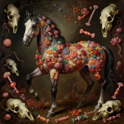 renaissance style painting of a horrifying evil candy themed horse, surrounded by different kinds of candy and bones, evil candy mare, extremely scary, extremely detailed!!!, horror themes, dim lighting, gothic style painting, horse skulls everywhere, horrifying, grim colors, dark dramatic lighting, empty horse eyes