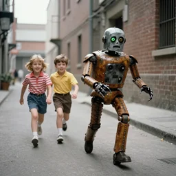 in the style of 1960s, A scary robot is chasing after a couple of kids down the ally