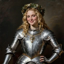 beautiful rugged sultry thick saoirse ronan, blonde hair, wearing silver armour, posing seductive, smiling seductively, ornate wreath, oil painting by titian, hard focus, portrait
