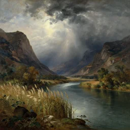great river, Phragmites, steep mountains, incoming storm, painting, Joseph Koch, Albert Bierstadt, Johann Reinhart, Jakob Hackert