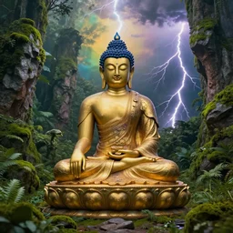a dreamy amitabha buddha meditating in a lush jurassic landscape, mossy rocks, sheet lightening 4 k, hyper realistic, in he style of national geographic, coherent design, symmetrical, vivid colour, complementary colour, golden ratio, detailed, sharp lines, intricate, rainbow shift, in unreal 3 d engine, ray tracing, octane render