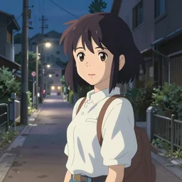 A screenshot of the girl on the a quiet city street in the scene in the Makoto Shinkai anime film Kimi no na wa, pretty rim highlights and specular
