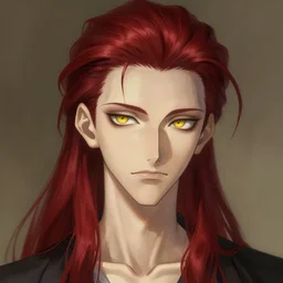 portrait of hisoka morow hunter hunter male thin lips small eyes very thin pursed lips extremely sharp jaw yellow eyes narrow almond eyes sultry eyes dark red hair soft hair slicked back crimson hair anime, madonna genderbend elegant, highly detailed, digital painting, artstation art by artgerm and greg rutkowski and alphonse mucha