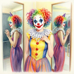 well-detailed colour pencil drawing of a Clown girl in a hallway of mirrors, hyper-realistic with gradients and vibrant colors