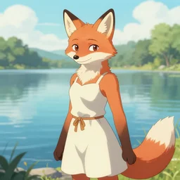 an anthropomorphic fox girl wearing a simple sundress, beautiful lake background, illustration by greg rutkowski, thomas kindkade, artstation, furaffinity, deviantart, furry art