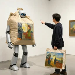 an artist carrying a bag of stolen paintings pointing at a robot carrying a huge bag of stolen paintings