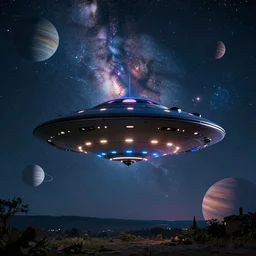 ufo hovered over a beautiful night area with alien fantastic colors in the background milky way and different planets, in the style of barclay shaw, surreal, photography, 5 5 mm lens, high detailed, 8 k render, perfect shape, great finesse hyper detailed, hyperrealistic, ultra detailed, octane render