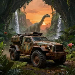 a sci fi rusty and dirty military vehicle in a prehistoric jungle cave, lush flora, waterfall, mountains, a brachiosaurus in the background, flowers, vines, orange sky, dark, sunset, hazy, volumetric lighting, rtx on, photorealistic render, beautiful, stunning, ultra - detailed