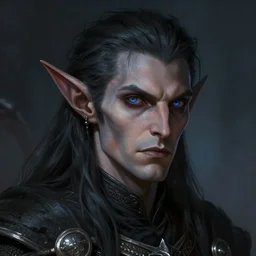 head and shoulders portrait of an eldrich knight, drow, dark elf, shadar kai, male, high fantasy, d & d, by tyler jacobson, face details, extremely detailed, digital illustration