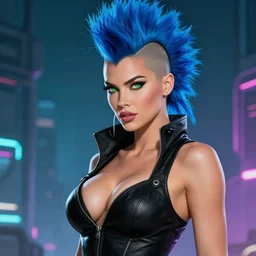 beautiful futuristic cyber punk megan fox, photo realistic, hyper detailed, comic book illustration, blue mohawk, green eyes, voluptuous