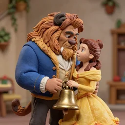 a close-up shot of Bell from a claymation stop motion scene of beauty and the beast featuring Scarlet Johansson as Belle